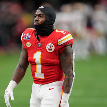 Feb 11, 2024; Paradise, Nevada, USA; Kansas City Chiefs running back Jerick McKinnon (1) warms up before Super Bowl LVIII against the San Francisco 49ers at Allegiant Stadium.