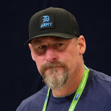 Detroit Lions coach Dan Campbell speaks during the NFL Scouting Combine at the Indiana Convention Center
