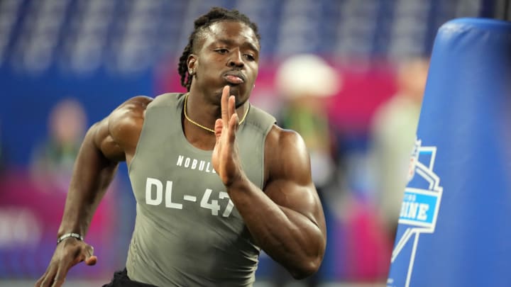 Feb 29, 2024; Indianapolis, IN, USA; Troy defensive lineman Javon Solomon (DL47) works out during the 2024 NFL Combine at Lucas Oil Stadium. Mandatory Credit: Kirby Lee-USA TODAY Sports