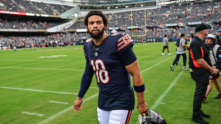 Chicago Bears quarterback Caleb Williams (18) looks on before the game against the Cincinnati Bengals at Soldier Field.