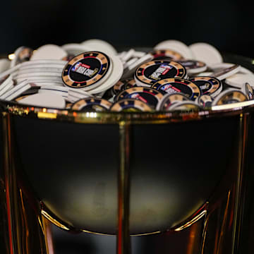 Gambling chips in the top of the trophy during practice prior to the Emirates NBA Cup semi-finals at T-Mobile Arena. 