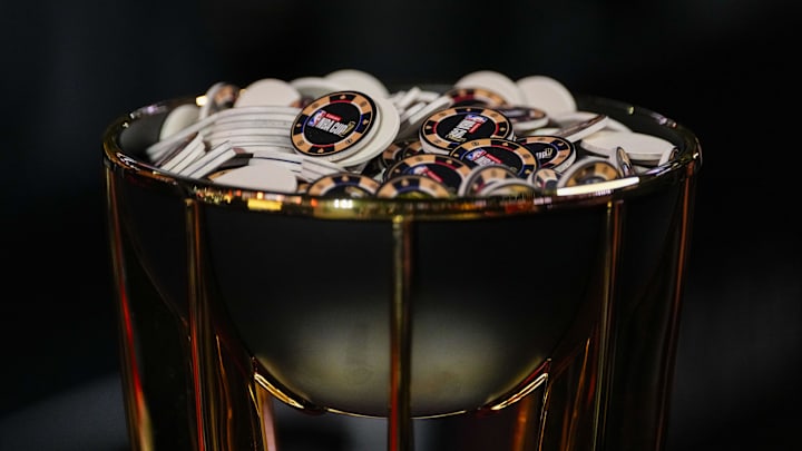 Gambling chips in the top of the trophy during practice prior to the Emirates NBA Cup semi-finals at T-Mobile Arena. Gambling chips in the top of the trophy during practice prior to the Emirates NBA Cup semi-finals at T-Mobile Arena.