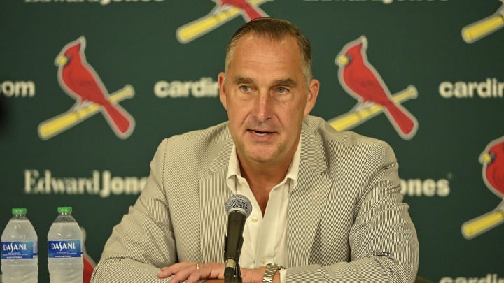 Jul 30, 2023; St. Louis, Missouri, USA;  St. Louis Cardinals president of baseball operations John Mozeliak talks with the media after the Cardinals traded relief pitcher Jordan Hicks (not pictured) starting pitcher Jordan Montgomery (not pictured) and relief pitcher Chris Stratton (not pictured) at Busch Stadium. Mandatory Credit: Jeff Curry-USA TODAY Sports