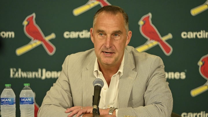 Jul 30, 2023; St. Louis, Missouri, USA;  St. Louis Cardinals president of baseball operations John Mozeliak talks with the media after the Cardinals traded relief pitcher Jordan Hicks (not pictured) starting pitcher Jordan Montgomery (not pictured) and relief pitcher Chris Stratton (not pictured) at Busch Stadium. Mandatory Credit: Jeff Curry-USA TODAY Sports