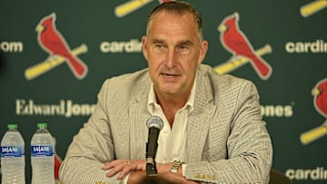 Jul 30, 2023; St. Louis, Missouri, USA;  St. Louis Cardinals president of baseball operations John Mozeliak talks with the media after the Cardinals traded relief pitcher Jordan Hicks (not pictured) starting pitcher Jordan Montgomery (not pictured) and relief pitcher Chris Stratton (not pictured) at Busch Stadium. Mandatory Credit: Jeff Curry-Imagn Images
