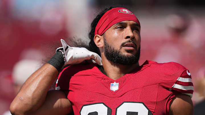 Oct 6, 2024; Santa Clara, California, USA; San Francisco 49ers safety Talanoa Hufanga (29) before the game against the Arizona Cardinals at Levi's Stadium. Mandatory Credit: Darren Yamashita-Imagn Images Oct 6, 2024; Santa Clara, California, USA; San Francisco 49ers safety Talanoa Hufanga (29) before the game against the Arizona Cardinals at Levi's Stadium. Mandatory Credit: Darren Yamashita-Imagn Images