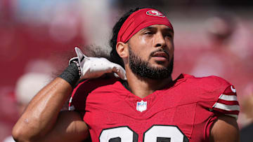 Oct 6, 2024; Santa Clara, California, USA; San Francisco 49ers safety Talanoa Hufanga (29) before the game against the Arizona Cardinals at Levi's Stadium. Mandatory Credit: Darren Yamashita-Imagn Images