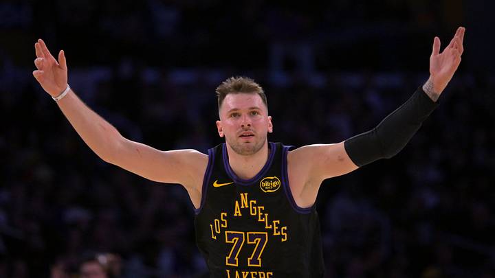 Jan 2, 2026; Los Angeles, California, USA; Los Angeles Lakers guard Luka Doncic (77) reacts after a 3-point basket in the second half against the Memphis Grizzlies at Crypto.com Arena. Mandatory Credit: Jayne Kamin-Oncea-Imagn Images