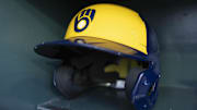Sep 10, 2024; San Francisco, California, USA;  General view of the helmet used by the Milwaukee Brewers before the start of the first inning against the San Francisco Giants at Oracle Park. Mandatory Credit: Stan Szeto-Imagn Images