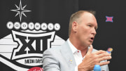 Jul 10, 2024; Las Vegas, NV, USA; Kansas Jayhawks head coach Lance Leipold speaks to the media during the Big 12 Media Days at Allegiant Stadium. 