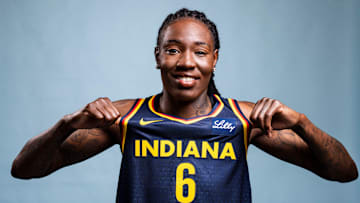 Indiana Fever forward Natasha Howard poses for a photo Wednesday, April 30, 2025, during the Indiana Fever media day at Gainbridge Fieldhouse in Indianapolis.