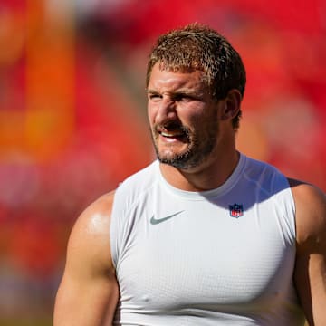 Oct 22, 2023; Kansas City, Missouri, USA; Los Angeles Chargers linebacker Joey Bosa (97) warms up prior to a game against the Kansas City Chiefs at GEHA Field at Arrowhead Stadium. Mandatory Credit: Jay Biggerstaff-USA TODAY Sports