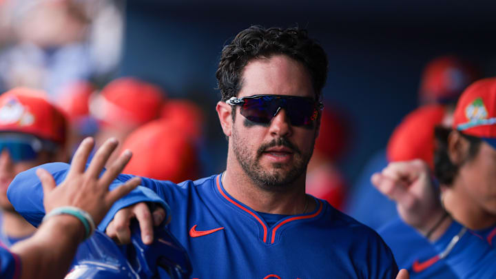 Mar 5, 2026; West Palm Beach, Florida, USA; New York Mets left fielder Mike Tauchman (50) celebrates after scoring against the Washington Nationals during the first inning at CACTI Park of the Palm Beaches. Mandatory Credit: Sam Navarro-Imagn Images