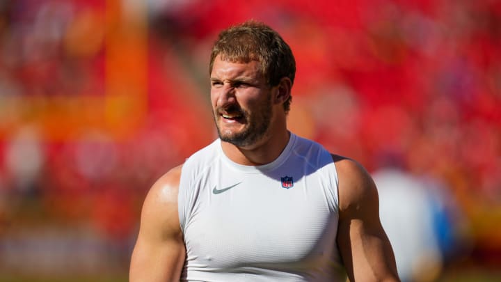 Oct 22, 2023; Kansas City, Missouri, USA; Los Angeles Chargers linebacker Joey Bosa (97) warms up prior to a game against the Kansas City Chiefs at GEHA Field at Arrowhead Stadium. Mandatory Credit: Jay Biggerstaff-USA TODAY Sports