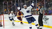 Penn State Nittany Lions forward Charlie Cerrato (15) celebrates a goal against the Arizona State Sun Devils during the third period at Mullett Arena. 