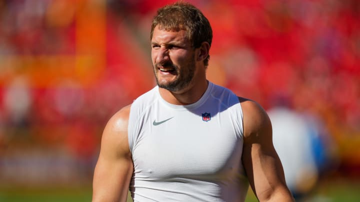 Oct 22, 2023; Kansas City, Missouri, USA; Los Angeles Chargers linebacker Joey Bosa (97) warms up prior to a game against the Kansas City Chiefs at GEHA Field at Arrowhead Stadium. Mandatory Credit: Jay Biggerstaff-USA TODAY Sports