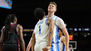 Apr 5, 2025; San Antonio, TX, USA; Duke Blue Devils forward Cooper Flagg (2) celebrates with guard Caleb Foster (1) after a play against the Houston Cougars during the first half in the semifinals of the men's Final Four of the 2025 NCAA Tournament at the Alamodome. Mandatory Credit: Bob Donnan-Imagn Images
