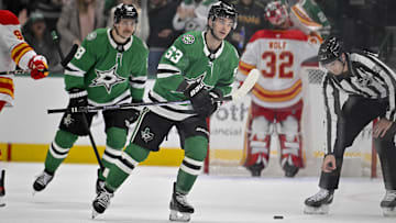 Dec 8, 2024; Dallas, Texas, USA; Dallas Stars center Sam Steel (18) and center Wyatt Johnston (53) skate off the ice after Johnston scores a a short-handed goal against Calgary Flames goaltender Dustin Wolf (32) during the first period at the American Airlines Center. Mandatory Credit: Jerome Miron-Imagn Images