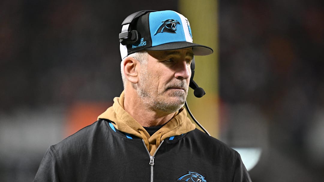 Carolina Panthers head coach Frank Reich watches his team play against the Chicago Bears in the second half at Soldier Field