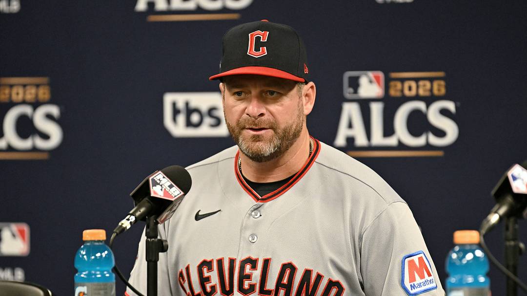 Oct 13, 2026; St. Petersburg, Florida, USA;  Cleveland Guardians manager Stephen Vogt (12) speaks to the media after game two of the ALCS against the Tampa Bay Rays in the 2026 MLB Playoffs at Tropicana Field.  Mandatory Credit: Jonathan Dyer-Imagn Images