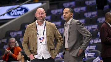 Jan 3, 2024; Dallas, Texas, USA; Portland Trail Blazers general manager Joe Cronin (left) and Dallas Mavericks general manager Nico Harrison (right) before the game between the Dallas Mavericks and the Portland Trail Blazers at the American Airlines Center. Mandatory Credit: Jerome Miron-USA TODAY Sports