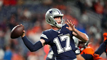 Aug 13, 2022; Denver, Colorado, USA; Dallas Cowboys quarterback Ben DiNucci (17) prepares to pass the ball in the second half against the Denver Broncos at Empower Field at Mile High. Mandatory Credit: Ron Chenoy-Imagn Images