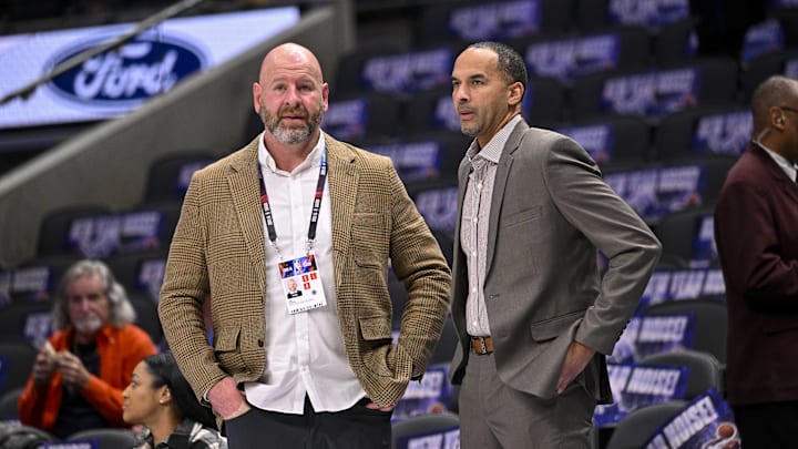 Jan 3, 2024; Dallas, Texas, USA; Portland Trail Blazers general manager Joe Cronin (left) and Dallas Mavericks general manager Nico Harrison (right) before the game between the Dallas Mavericks and the Portland Trail Blazers at the American Airlines Center. Mandatory Credit: Jerome Miron-Imagn Images