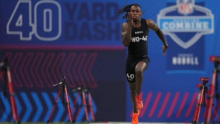 Mar 2, 2024; Indianapolis, IN, USA; Texas wide receiver Xavier Worthy (WO40) ran an official time of 4.21 seconds to set a combine record during the 2024 NFL Combine at Lucas Oil Stadium. Mandatory Credit: Kirby Lee-Imagn Images
