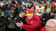 Jan 28, 2024; Baltimore, Maryland, USA; Baltimore Ravens head coach John Harbaugh (left) shakes Kansas City Chiefs head coach Andy Reid's (right) hand following the AFC Championship Game at M&T Bank Stadium. 