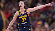 Indiana Fever guard Caitlin Clark (22) points to the other side of the court Wednesday, Sept. 4, 2024, during the game at Gainbridge Fieldhouse in Indianapolis.