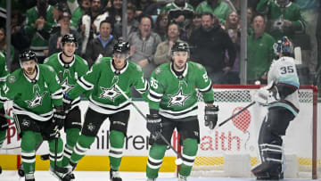 Dec 18, 2023; Dallas, Texas, USA; Dallas Stars center Tyler Seguin (91) and left wing Mason