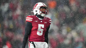 Nov 8, 2025; Madison, Wisconsin, USA;  Wisconsin Badgers cornerback D'Yoni Hill (5) celebrates during the fourth quarter against the Washington Huskies at Camp Randall Stadium. Mandatory Credit: Jeff Hanisch-Imagn Images