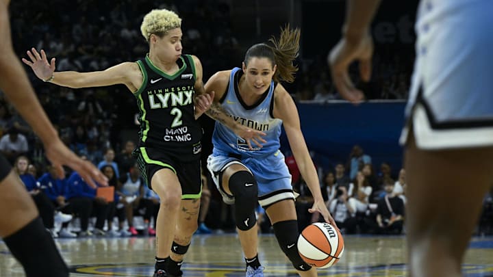 Jul 14, 2025; Chicago, Illinois, USA; Minnesota Lynx guard Natisha Hiedeman (2) defends against Chicago Sky guard Rebecca Allen (9) during the second half at Wintrust Arena. Mandatory Credit: Matt Marton-Imagn Images Jul 14, 2025; Chicago, Illinois, USA; Minnesota Lynx guard Natisha Hiedeman (2) defends against Chicago Sky guard Rebecca Allen (9) during the second half at Wintrust Arena. Mandatory Credit: Matt Marton-Imagn Images