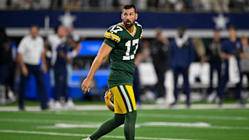 Sep 28, 2025; Arlington, Texas, USA; Green Bay Packers place kicker Brandon McManus (17) walks off the field after he kicks the game tying field goal in overtime during the game between the Dallas Cowboys and the Green Bay Packers at AT&T Stadium. Mandatory Credit: Jerome Miron-Imagn Images