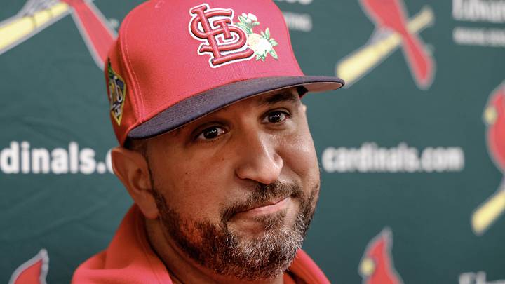 Feb 16, 2026; Jupiter, FL, USA;  St. Louis Cardinals manager Oliver Marmol (37) takes questions from the media before spring training workouts at Roger Dean Stadium. Mandatory Credit: Reinhold Matay-Imagn Images