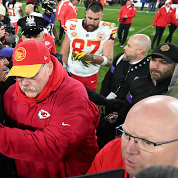 Jan 28, 2024; Baltimore, Maryland, USA; Baltimore Ravens head coach John Harbaugh (left) shakes hands with Kansas City Chiefs head coach Andy Reid (right) after the AFC Championship football game at M&T Bank Stadium. Mandatory Credit: Tommy Gilligan-Imagn Images