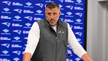May 9, 2025; Foxborough, MA, USA;  New England Patriots head coach Mike Vrabel speaks the to media during a press conference at Gillette Stadium. Mandatory Credit: Eric Canha-Imagn Images