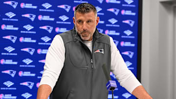 May 9, 2025; Foxborough, MA, USA;  New England Patriots head coach Mike Vrabel speaks the to media during a press conference at Gillette Stadium. Mandatory Credit: Eric Canha-Imagn Images
