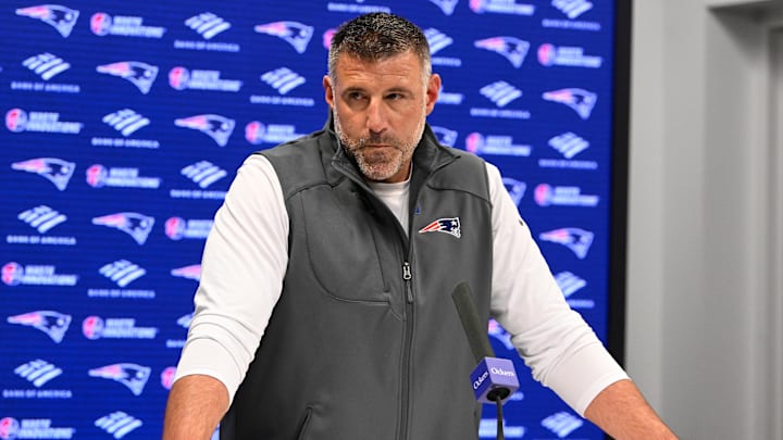 May 9, 2025; Foxborough, MA, USA;  New England Patriots head coach Mike Vrabel speaks the to media during a press conference at Gillette Stadium. Mandatory Credit: Eric Canha-Imagn Images