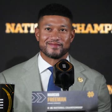 Jan 19, 2025; Atlanta, GA, USA; Notre Dame Fighting Irish head coach Marcus Freeman during College Football Playoff National Championship press conference at The Westin Peachtree Plaza, Savannah Ballroom. 