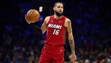 Feb 14, 2024; Philadelphia, Pennsylvania, USA; Miami Heat forward Caleb Martin (16) controls the ball against the Philadelphia 76ers in the second quarter at Wells Fargo Center. Mandatory Credit: Kyle Ross-USA TODAY Sports