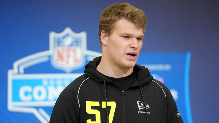Feb 25, 2026; Indianapolis, IN, USA;  LSU defensive lineman Jack Pyburn (DL57) speaks during the NFL Scouting Combine at the Indiana Convention Center. Mandatory Credit: Kirby Lee-Imagn Images