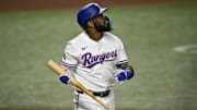 Texas Rangers right fielder Adolis Garcia (53) reacts to striking out against the Arizona Diamondbacks during the second inning at Globe Life Field. 