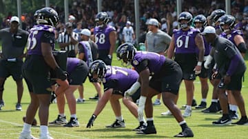 Jul 23, 2025; Owings Mills, MD, USA; Baltimore Ravens offensive line goes through drills during training camp at the Under Armour Performance Center. Mandatory Credit: Mitch Stringer-Imagn Images