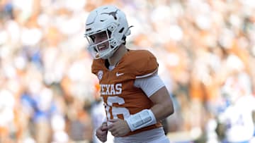 Nov 9, 2024; Austin, Texas, USA; Texas Longhorns quarterback Arch Manning (16) reacts after a touchdown was scored during the second half against the Florida Gators at Darrell K Royal-Texas Memorial Stadium.