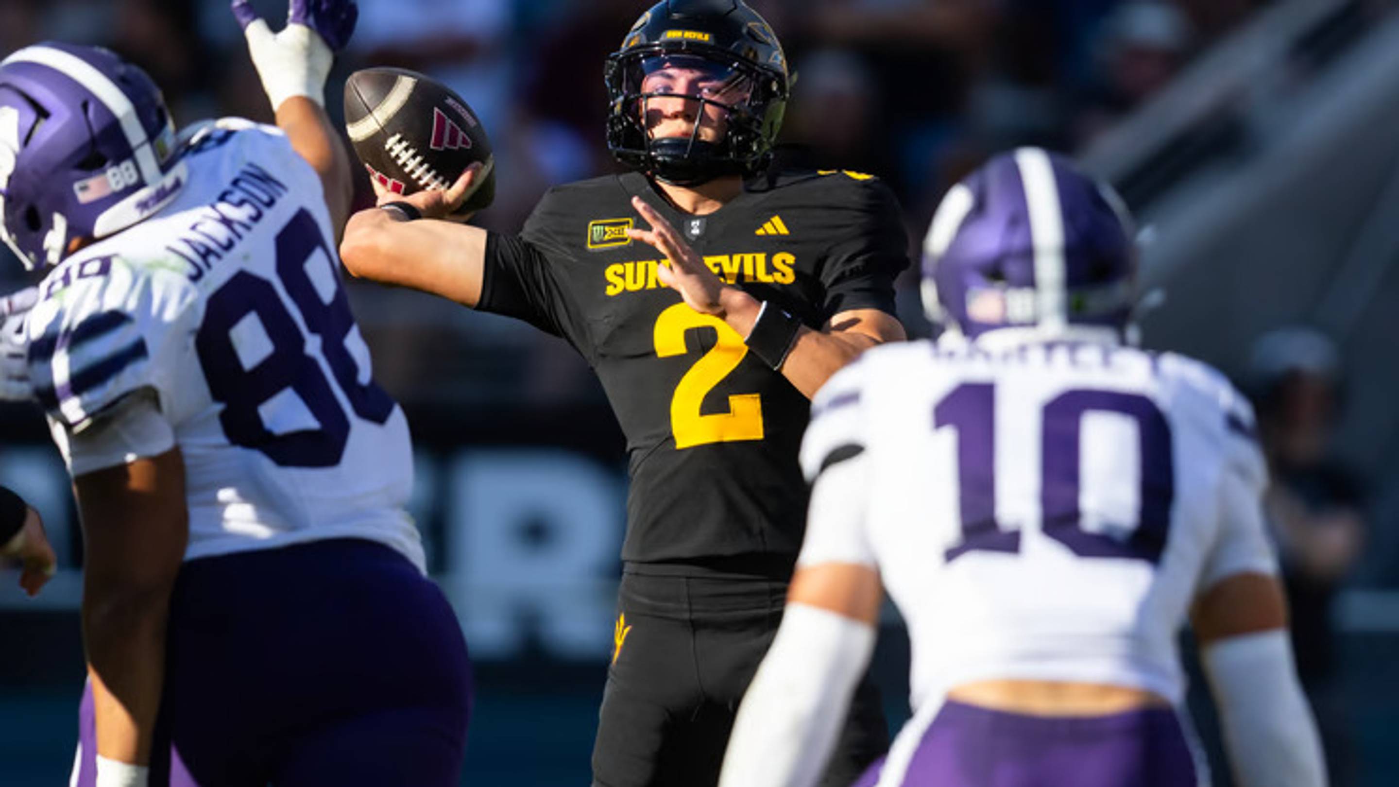 Oct 24, 2026; Tempe, Arizona, USA; Arizona State Sun Devils quarterback Jake Fette (2) against the Kansas State Wildcats in the second half at Mountain America Stadium. | Mark J. Rebilas-Imagn Images