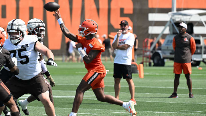 Aug 4, 2024; Cleveland Browns quarterback Deshaun Watson (4) passes the ball during practice at the Browns training facility in Berea, Ohio. Mandatory Credit: Bob Donnan-USA TODAY Sports