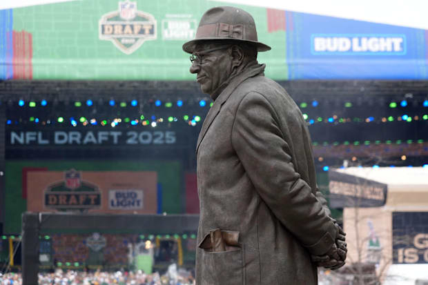 A statue of Vince Lombardi outside Lambeau Field in Green Bay before the 2025  NFL Draft.