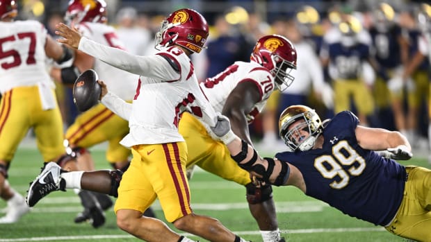 Notre Dame's Riley Mills sacks USC's Caleb Williams during the 2023 Notre Dame vs. USC game in South Bend.