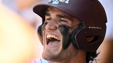 Jun 8, 2024; College Station, TX, USA; Texas A&M outfielder Jace LaViolette (17) reacts after scoring a run during the fourth inning against the Oregon at Olsen Field, Blue Bell Park Mandatory Credit: Maria Lysaker-USA TODAY Sports